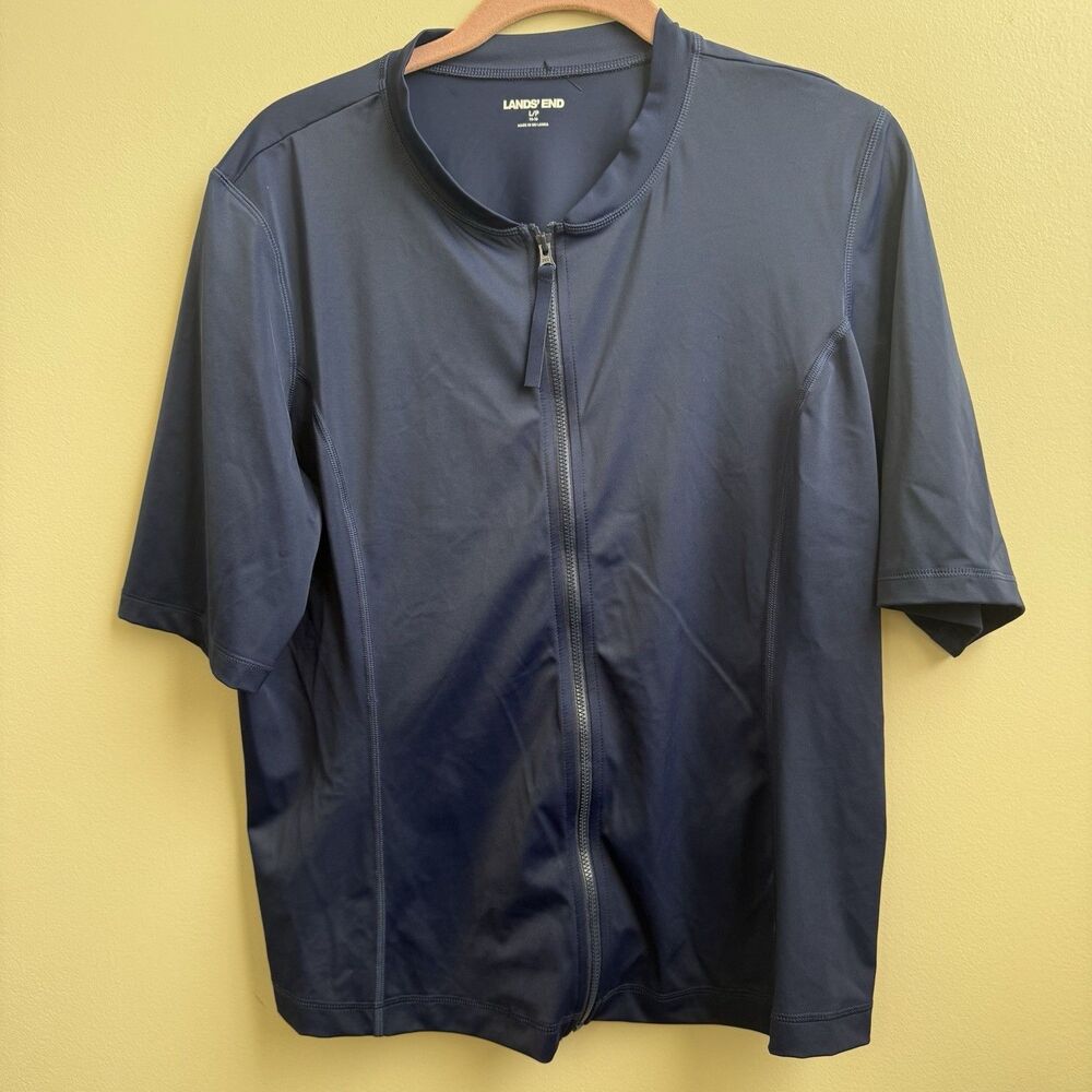 Lands End Navy Rashguard Swim Top Cover Up Full Zip Size Large 14/16